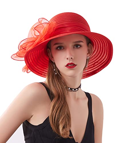Women's Kentucky Derby Church Dress Hat Wide Brim Leaf Flower Bridal Shower Hat - color: 01 Red