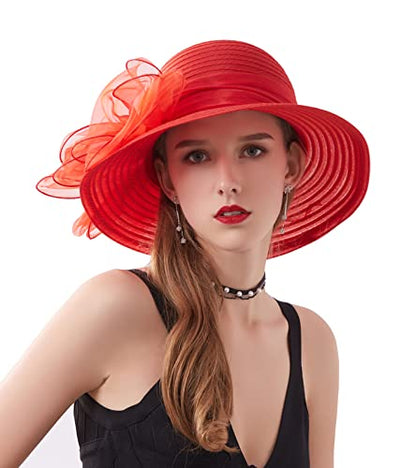 Women's Kentucky Derby Church Dress Hat Wide Brim Leaf Flower Bridal Shower Hat - color: 01 Red