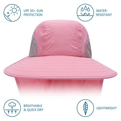 BASSDASH UPF 50+ Unisex Water Resistant Wide Brim Sun Hat with Large Neck Flap Ponytail Fishing Hat for Men Women - color: Pink