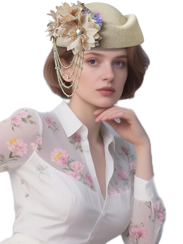 Petaluna Women's Flower Beret Suitable for Church Wearing Elegant Breathable Wedding Party Retro French Headdress - color: Khaki-2