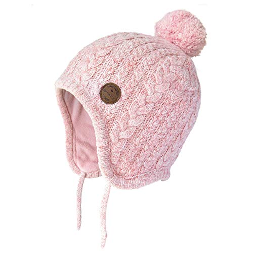 Toddler Baby Boys Girls Winter Hat Kids Ear Flap Warm Fleece Lined Knit Beanie Fur Pom Hat - color: Pink With Pink Wool Pompom, size: 6-24 Months