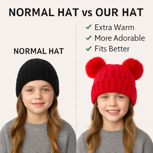 Toddler Winter Knit Hat Upgrade Fleece Lined Pompom Ears Beanies Cap for Boys Girls 3-12 Years - color: Red
