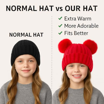 Toddler Winter Knit Hat Upgrade Fleece Lined Pompom Ears Beanies Cap for Boys Girls 3-12 Years - color: Red