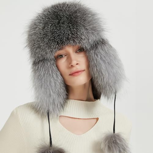 Women Real Fur Trapper Hat Sheepskin Leather Aviator Hat Ear Flaps Ushanka Hat Snow Hat with Pom Pom - color: Silver Fox Fur