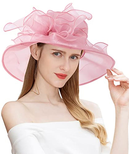 Women Derby Fascinator Hat Organza Church Wedding Hats Wide Brim Cocktail Tea Party Hat - color: 14 Pink