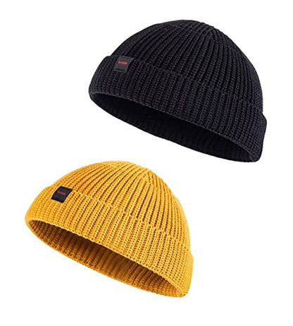 2 Pack Fisherman Beanie Hats for Men Women,Knit Trawler Skull Cap,Watch Cap,Spring Fall Winter Warm Short Hats - color: (Cotton) 2pcs:black+mustard(m)
