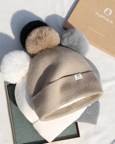 FURTALK Pom Pom Winter Hats for Women Fleece Lined Slouchy Warm Beanie Skull Cap - color: Light Khaki