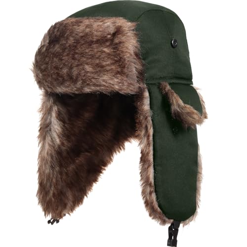 SATINIOR 1 Pcs Unisex Trapper Hat with Chin Strap Earflaps Hat - color: Dark Green