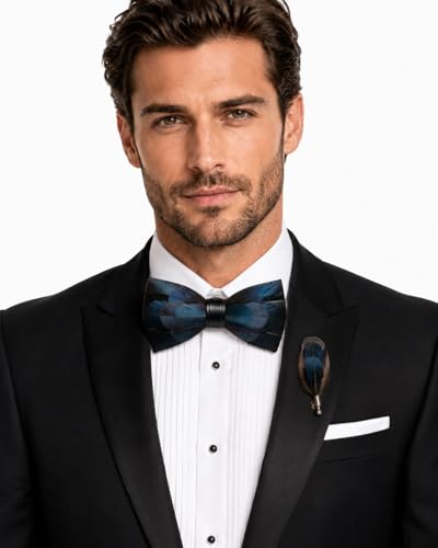 RBOCOTT Handmade Feather Pre-tied Bow tie and Brooch Sets for Men - color: Peacock Blue