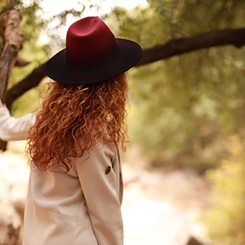 Women Gradient Color Fedora Wide Brim Felt Hat - color: Burgundy/Black