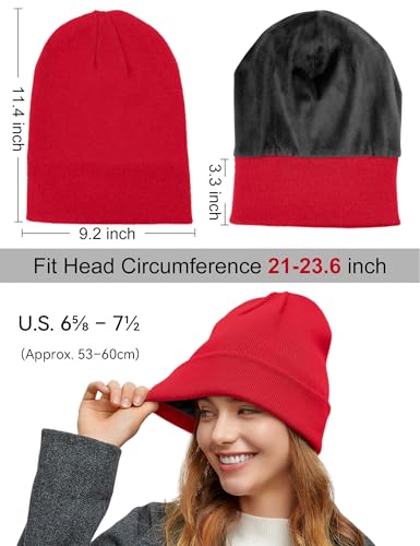 Fleece Lined Wool Beanie Hat Men Women, Warm Cuffed Winter Cap - color: Red