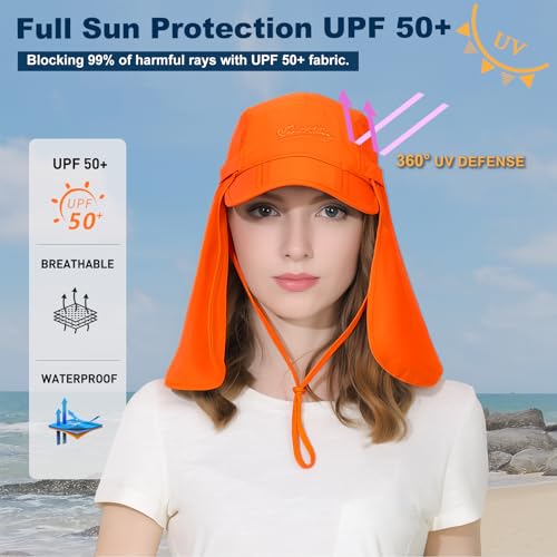 Surblue Baseball Sun Cap with Removable Neck Flap and Face Mask UPF 50+ - color: Orange, size: Small