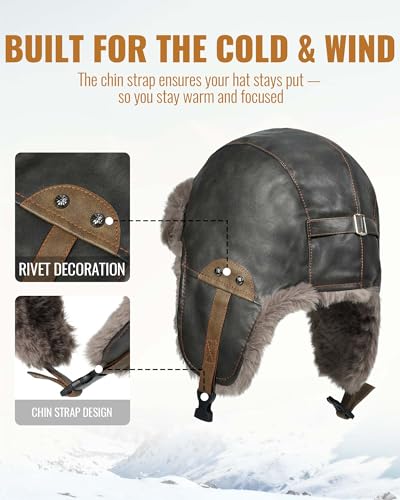 Croogo Eskimo Hat Russian Ushanka Cossack Trooper Hat Leather Trapper Aviator Hats Fur Lined Earflap Winter Cap Snow Ski Hats - color: Pl2508-olivebrown