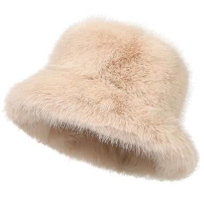 LA CARRIE Women's Fuzzy Wide Brim Faux Fur Bucket Hat Winter Fisherman Cap - color: Beige