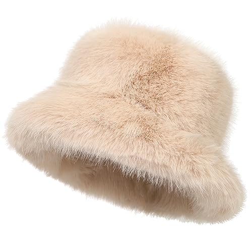 LA CARRIE Women's Fuzzy Wide Brim Faux Fur Bucket Hat Winter Fisherman Cap - color: Beige