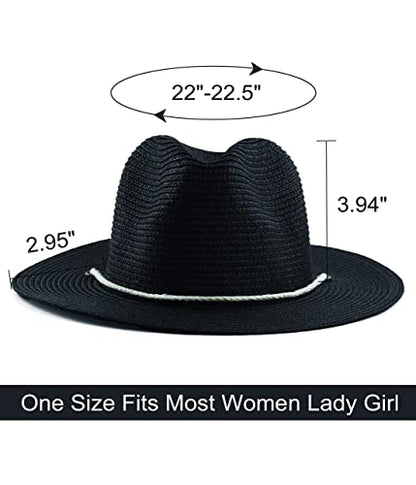 Women Straw Fedora Hat Summer Panama Beach Sun Hats UV UPF50+ Cap - color: Black