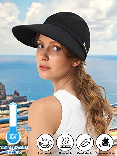 Sun Hats for Women Wide Brim Visor UV Protection Beach Summer Packable Cap - color: Black