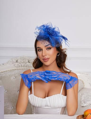 Fascinators Hat Clip Hat Wedding Cocktail Tea Party Headwear and Short Lace Bowknot Gloves for Women - color: Blue