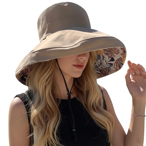 Women Wide Brim Sun Protection Hat Summer Fishing Hats - color: Khaki and Leaf Print