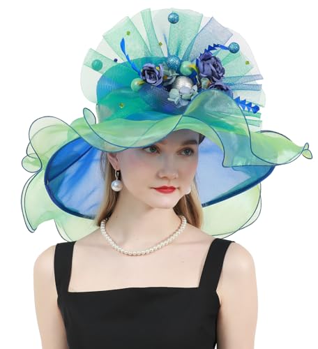 ORIDOOR Women Organza Fascinator Church Derby Hat Floral Tea Party Wedding Hat - color: 04-bule