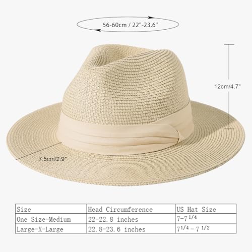 Lanzom Women Wide Brim Straw Panama Roll up Hat Fedora Beach Sun Hat UPF50+ - color: Beige/Khaki, size: Large-X-Large