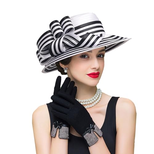 Women Derby Church Dress Fascinator Wide Brim Hats 1920s Vintage Tea Party Wedding Cloche Bowler Hats - color: White/Black