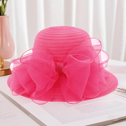 Haoohu Women's Church Derby Hat Wide Brim Bow Bucket Hat Wedding Dress Hat Fascinator Bridal Tea Party Hat - color: Rose Red