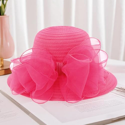 Haoohu Women's Church Derby Hat Wide Brim Bow Bucket Hat Wedding Dress Hat Fascinator Bridal Tea Party Hat - color: Rose Red