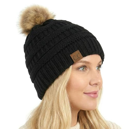 C.C Trendy Fuzzy Fleece Lined Warm Comfortable Soft Stretch Cable Knit Ribbed Faux Fur Pom Pom Beanie Hat - color: Black