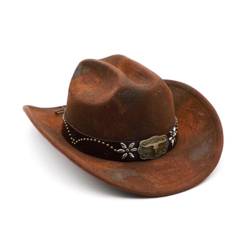 Western Cowboy Hat for Men Cowgirl Hat for Women Wide Brim Felt Fedora Hats Classic Cowboyhat with Buckle Belt - color: Rusty Coffee