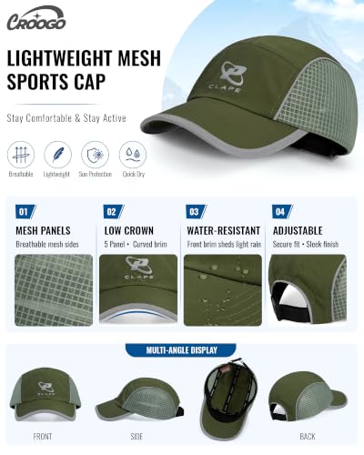 Croogo 5 Panel Running Hat Quick-Drying Lightweight Mesh Baseball Cap - color: Olive Green
