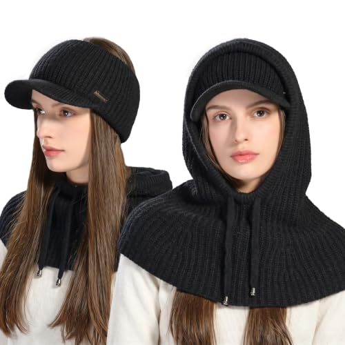 jaxmonoy Winter Knit Balaclava Beanie Hats and Scarf Set for Women - color: Black