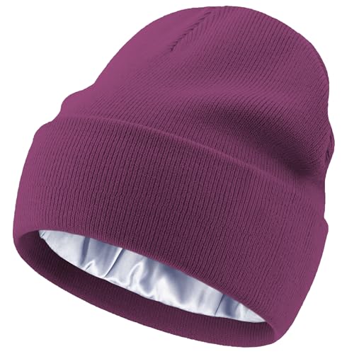 Satin Lined Knit Beanie Hat-100% Cotton Winter Hats for Women Men - color: 1-purple