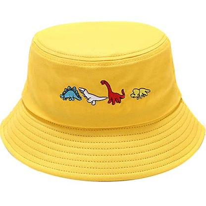 XYIYI Fashion Embroidery Bucket Hat Cotton Beach Fisherman Hats for Women Girls - color: Little Dinosaur Yellow