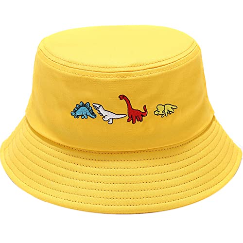 XYIYI Fashion Embroidery Bucket Hat Cotton Beach Fisherman Hats for Women Girls - color: Little Dinosaur Yellow
