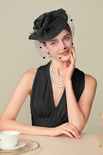 BABEYOND Fascinators Hats for Women Flower Veil Feather Pillbox Derby Hat - color: Black