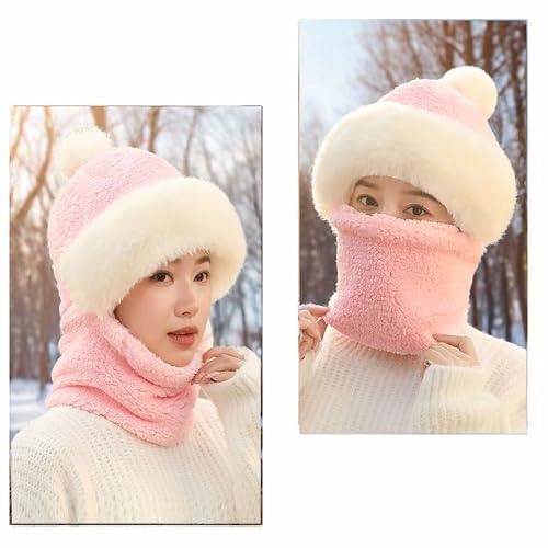 One-Piece Hat Womens Winter Warm Elastic Soft Ear Protection Knitted Scarf Mask Hat Fleece Lined Beanie Hat - color: H-pink