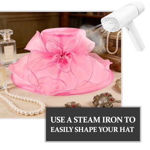 AQOKKA Women Organza Church Fascinators Kentucky Derby Hats for Women and Girls Wedding Flower Tea Party Hat with Wide Brim - color: Deep Pink