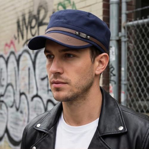 Army Cadet Cap for Men Women Military Flat Top Cap Baseball Caps - color: Star Navy Blue