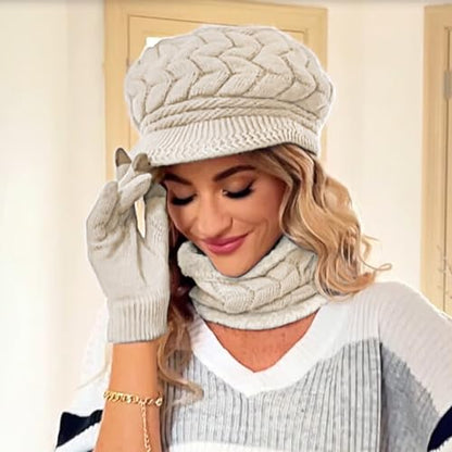 Loritta 3 in 1 Womens Winter Hat Gloves Scarf Set, Warm Hat Mittens - color: Beige