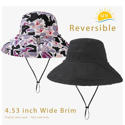 vidsel Womens Sun Hats Wide Brim Reversible Bucket Cotton Hat with Hat Clip - color: Black, size: Medium