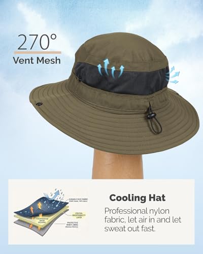Hat Hut Hiking Hat, UPF50+ Wide Brim Sun Bucket Hats for Men Women, UV Protection, Fishing Outdoor Safari - color: Olive Green