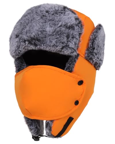 Trapper Hat Russian Ushanka Winter Hats for Men and Women，Windproof with Face Cover and Ear Flaps - color: Orange