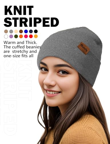 Beanie Hats for Men Women Knit Winter Hat, Warm Skull Stocking Cap, Striped Snow Hat Heated Cuffed Beanie - color: 2p-black+grey