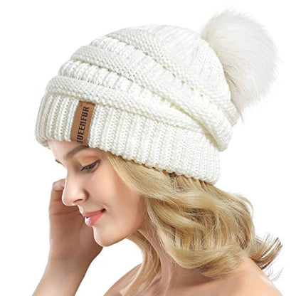 Women Knit Slouchy Beanie Chunky Baggy Hat with Faux Fur Pompom Winter Soft Warm Ski Cap - color: A4-white