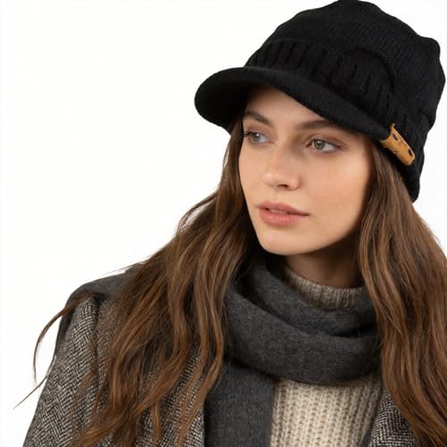 Winter Beanie with Visor - Stylish Knit Hat with Bill - Thick Brimmed Beanies with Fleece Lining Men and Women - color: B327-black