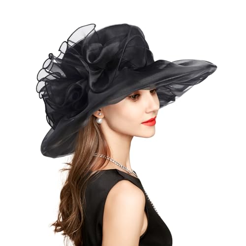 2026 Derby Hats for Women Ladies, Classy Organza Sun Hat, Church Tea Party Wedding Kentucky Fascinator Hat - color: 1a--4541-black