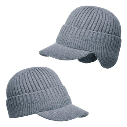 Men's Winter Hat with Brim, Warm Earflaps Hat for Men, Thick Fleece Lined Knit Winter Beanie Outdoor - color: Grey