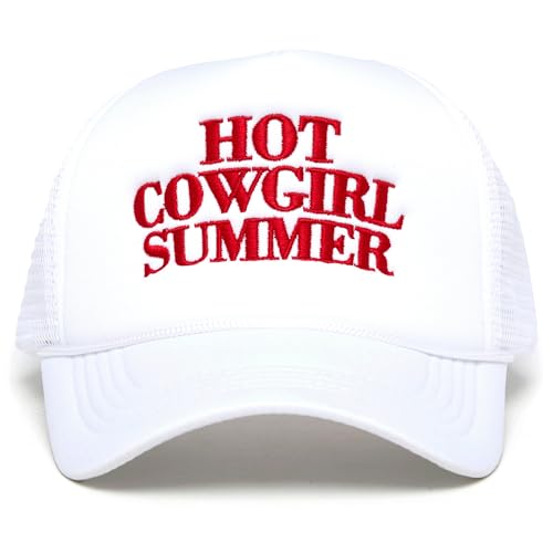 Funky Junque Premium Mesh Snapback Trucker Hat - Stylish Comfort for All - Patriotic, Humor & More - color: Hot Cowgirl Summer (White)
