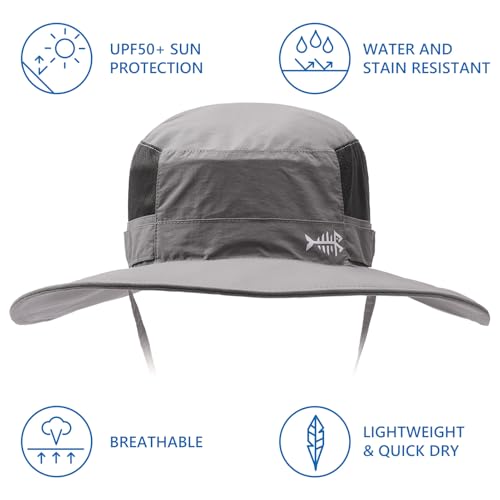 BASSDASH UPF 50+ Fishing Sun Hat Water Resistant Unisex Wide Brim Bucket Boonie Hat for Hiking Camping Safari FH15 - color: Light Grey, size: Large
